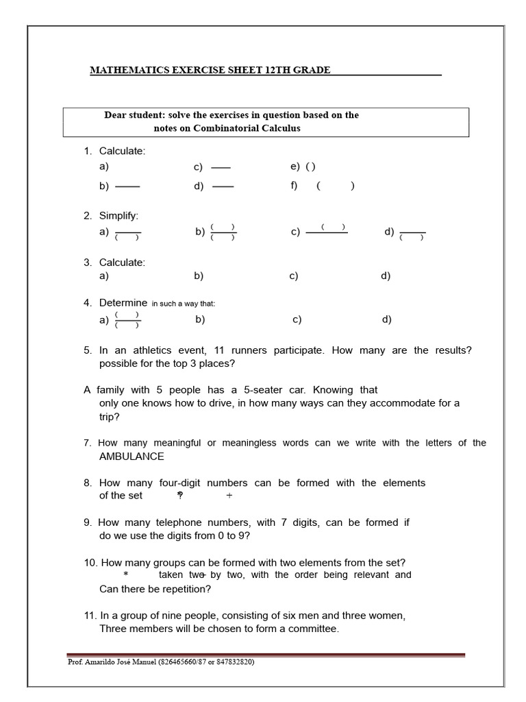 EXERCISE SHEET 12 Class October | PDF | Combinatorics | Mathematical ...