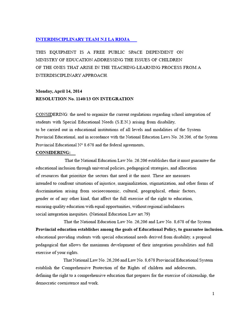 Resolution No. 1140 - 13 On Integration | PDF | Curriculum | Special ...