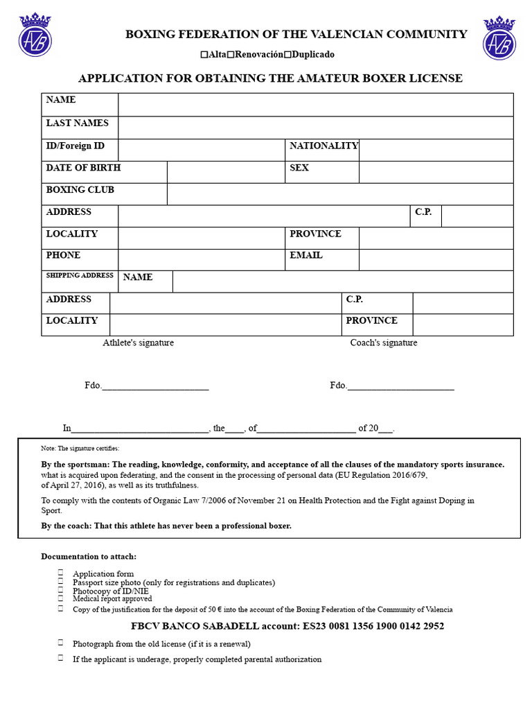 Amateur Boxer License Application Form | PDF