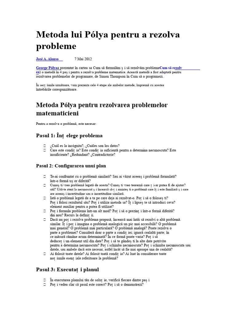 Metoda Pólya Pentru Rezolvarea Problemelor | PDF