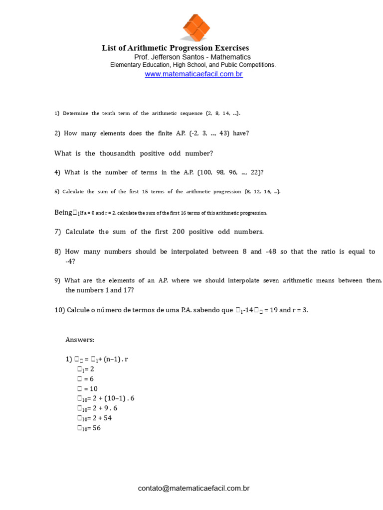 Arithmetic Progression Exercise List.pdf | PDF | Mathematical Concepts ...