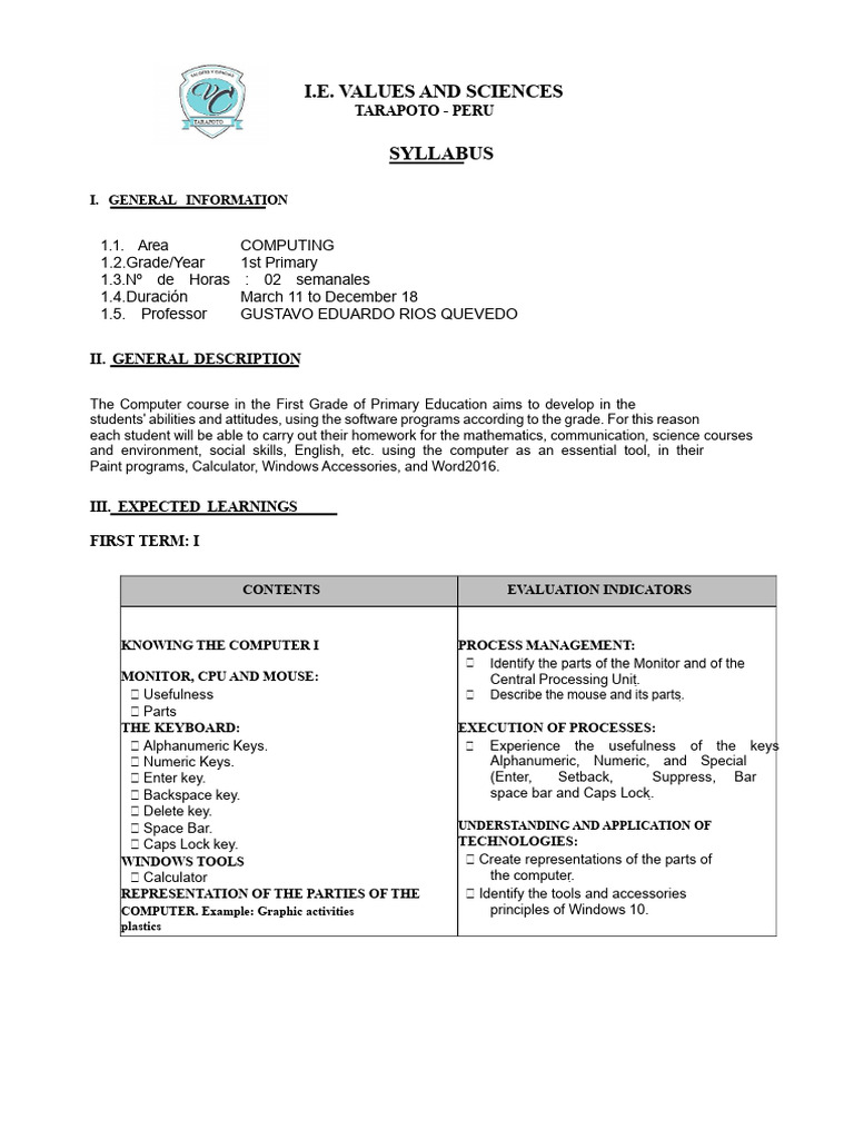 COMPUTER TOPICS SYLLABUS 1ST GRADE | PDF | Computer Keyboard | Computing