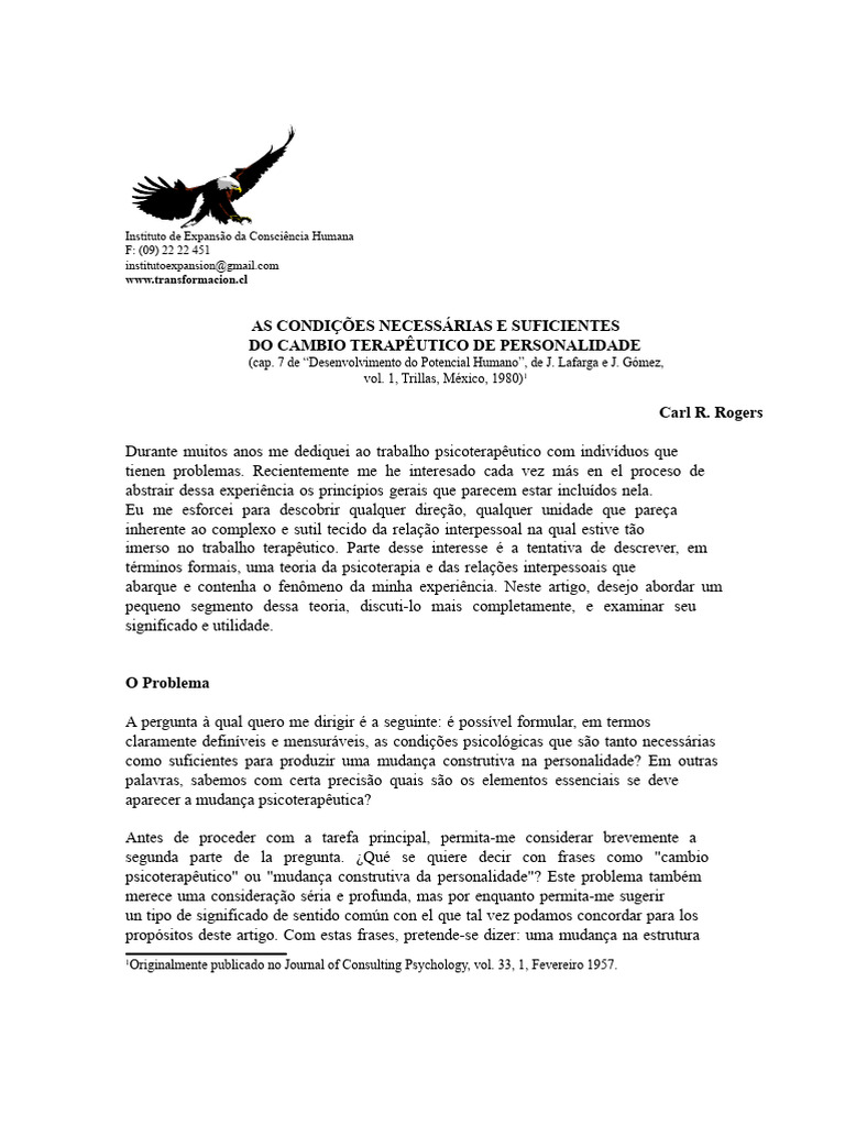 Condições para Mudança Terapêutica | PDF | Psicoterapia | Experiência