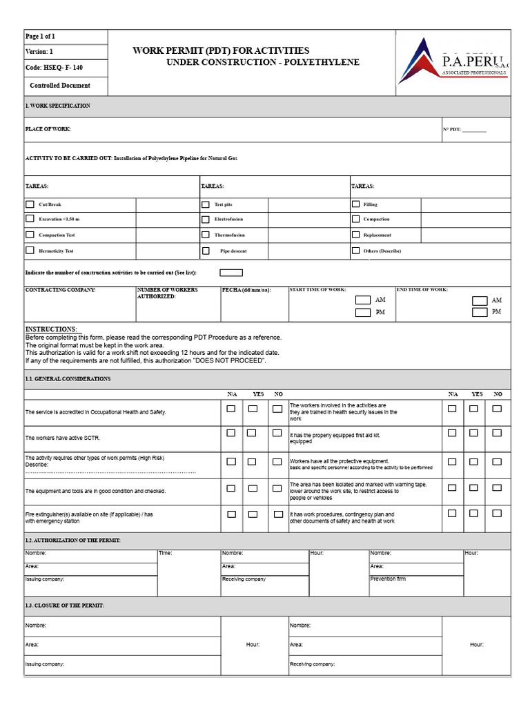 Work Permit for Polyethylene Pipeline Installation | PDF | Gases
