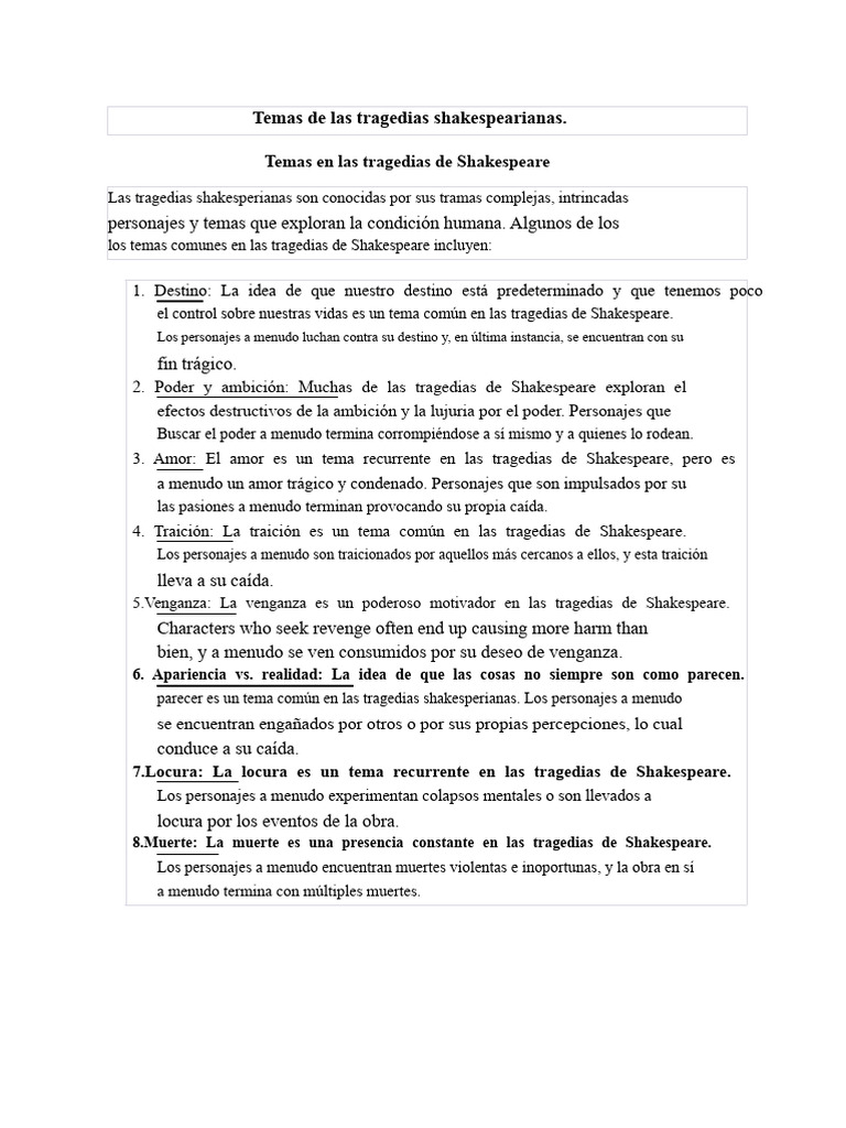 Temas en las tragedias de Shakespeare.docx | PDF | Tragedia | William ...