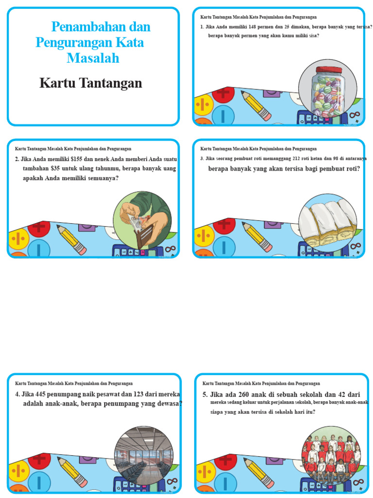 Kartu Tantangan Masalah Kata Penjumlahan Dan Pengurangan Digit | PDF