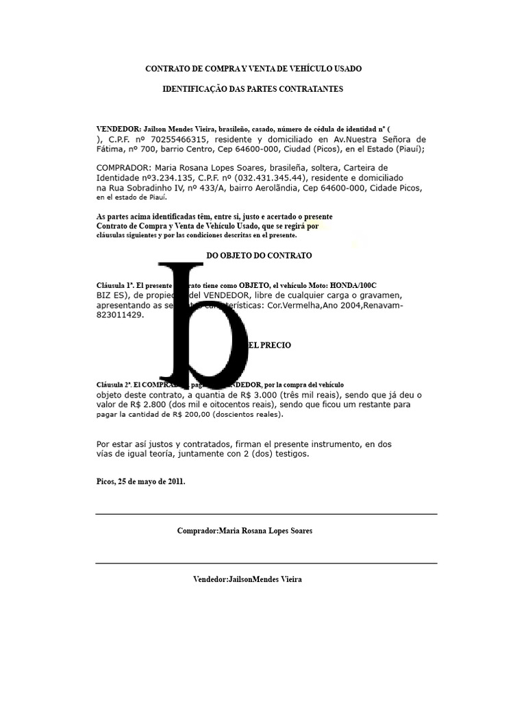 Contrato de Compra y Venta de Vehículo Usado | PDF