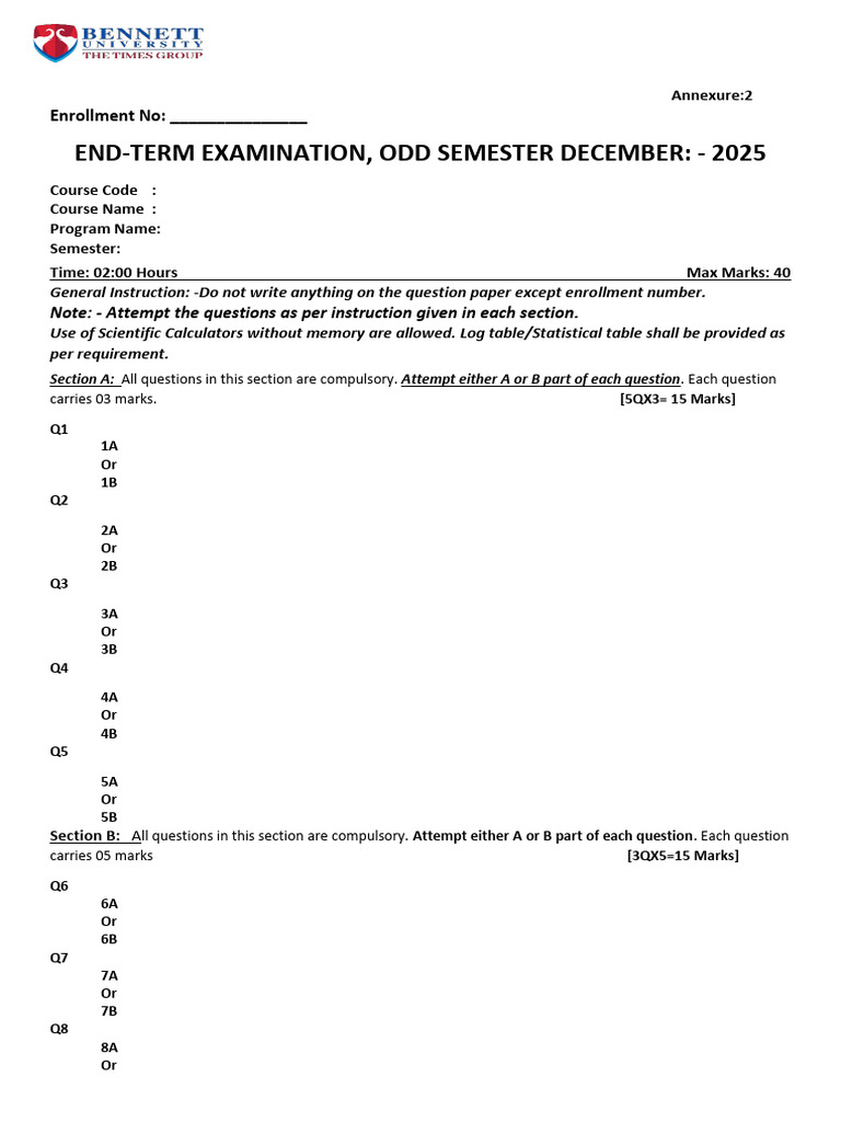 End-Term Exam Format for December 2025 | PDF
