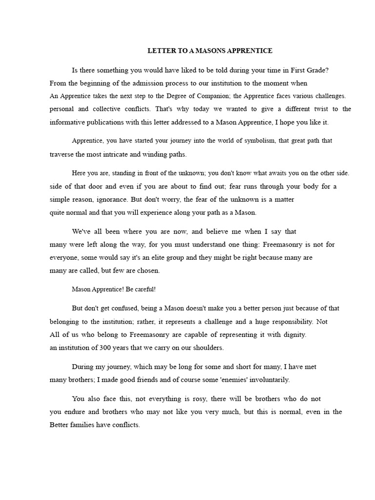 Letter To A Masonic Apprentice | PDF | Freemasonry