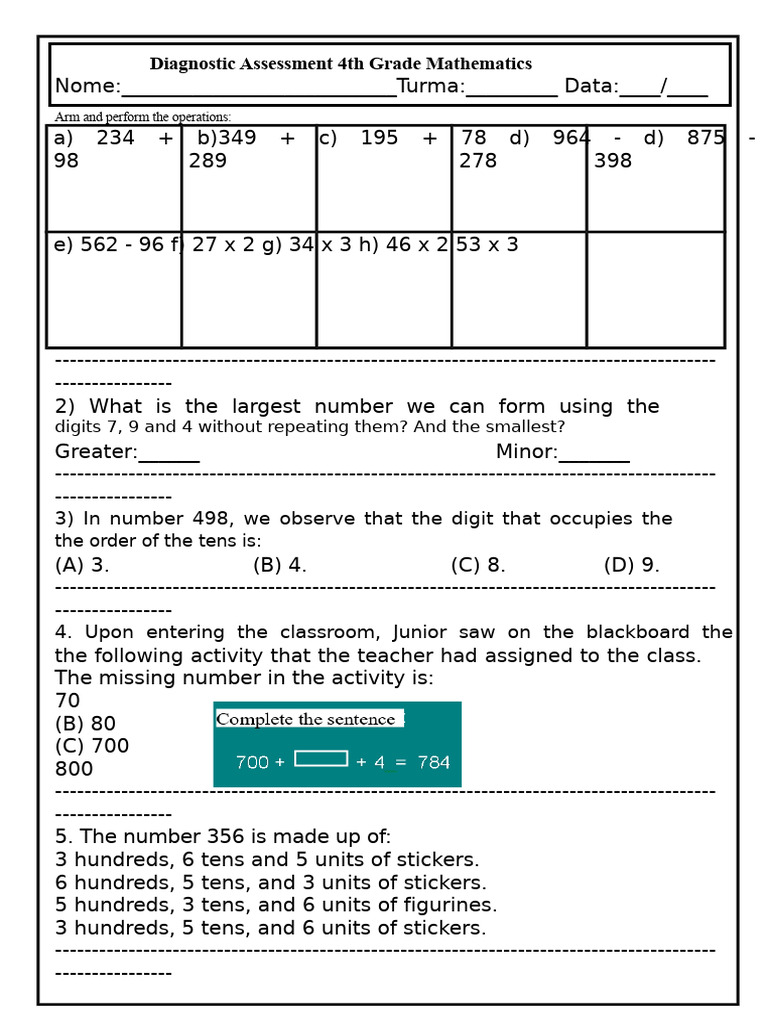 4th Grade Math Diagnostic Assessment | PDF | Number Theory | Arithmetic