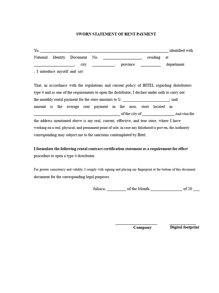 Sworn Rent Payment Statement for Distributors | PDF