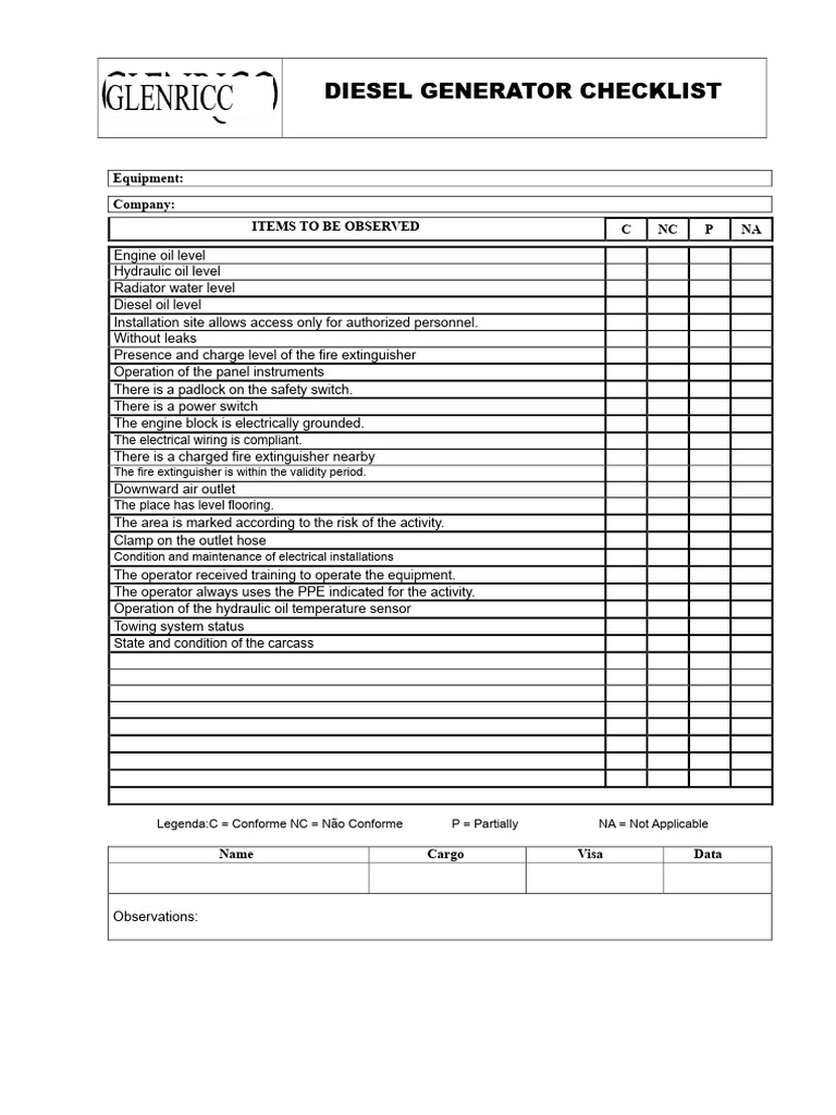 Diesel Generator Safety Checklist | PDF