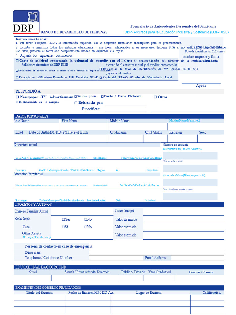Formulario de Solicitud DBP-RISE | PDF