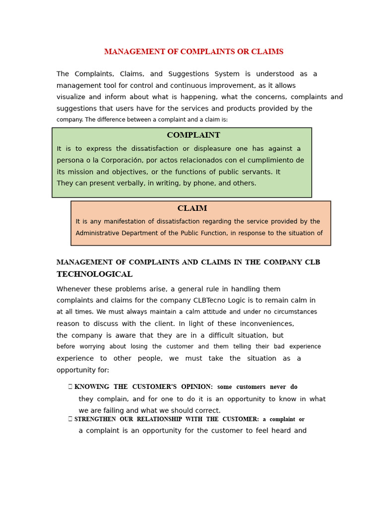 Management of Complaints or Claims | PDF | Communication | Complaint