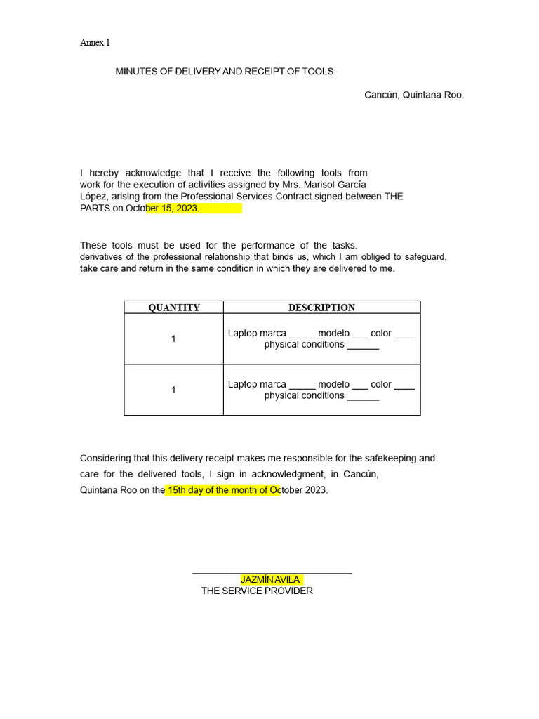 Tool Delivery Acknowledgment Receipt | PDF