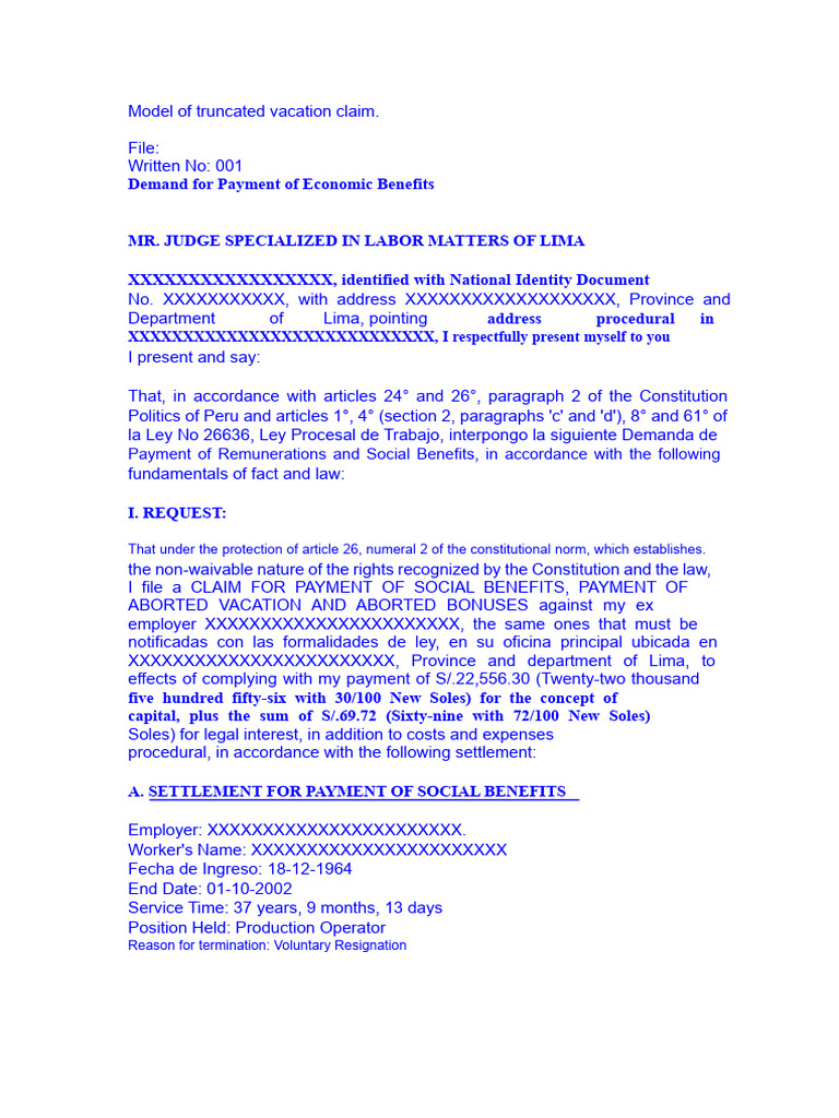 Truncated Vacation Claim Model Document | PDF | Employment | Lawsuit