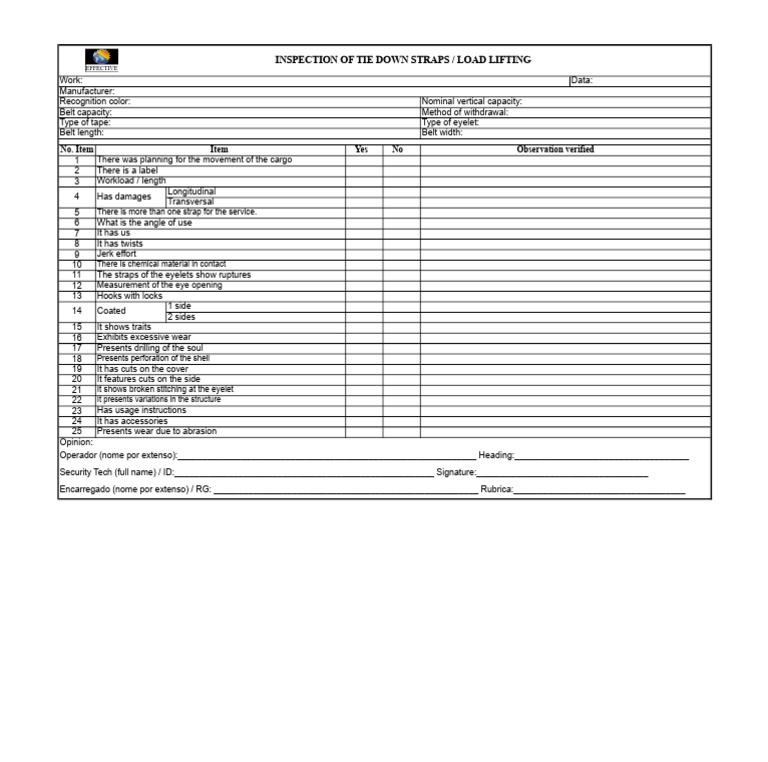 Tie Down Straps Inspection Checklist | PDF