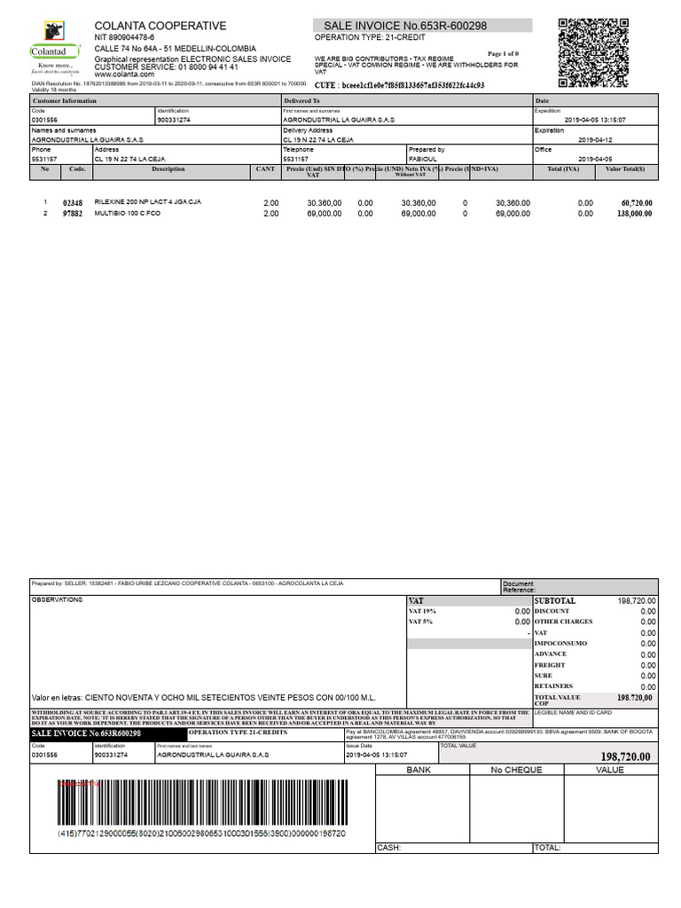 Colanta Invoices April | PDF | Invoice | Value Added Tax