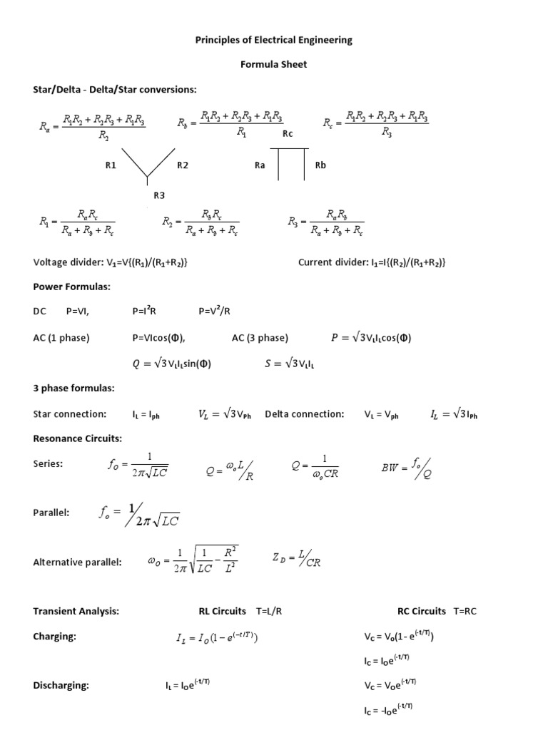 Electrical Engineering Exam Formula Sheet Analog Circuits Electricity