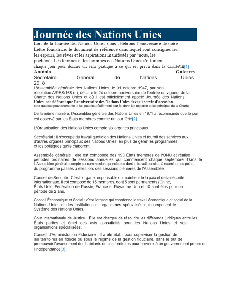 Journée des Nations Unies : Histoire et Objectifs | PDF | Nations unies ...