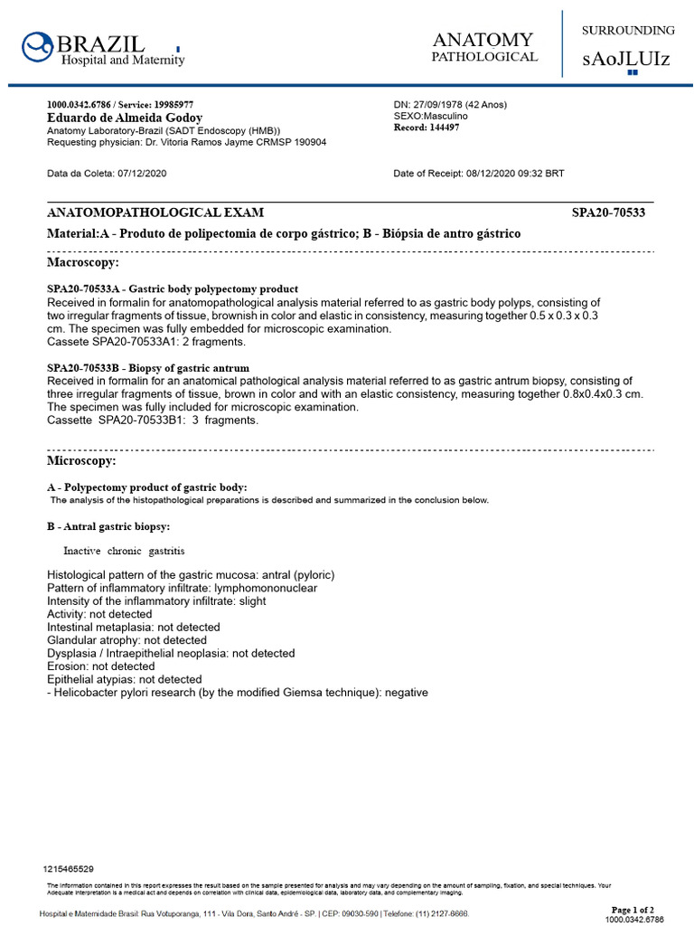 Gastric Polypectomy & Biopsy Report | PDF | Stomach | Histology