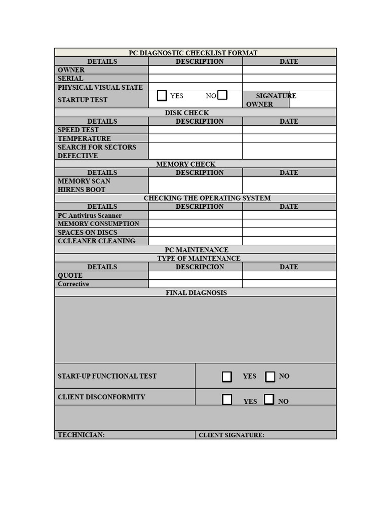 PC Diagnostic Checklist Template | PDF
