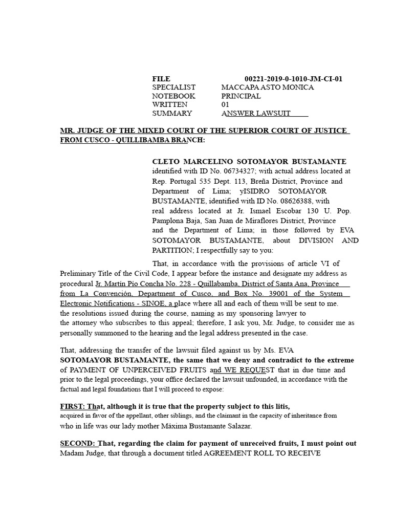 Answer To Lawsuit - Division and Partition | PDF | Lawsuit | Lease