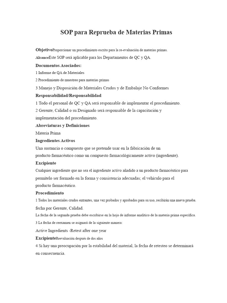 Reprueba de Materias Primas en QC/QA | PDF