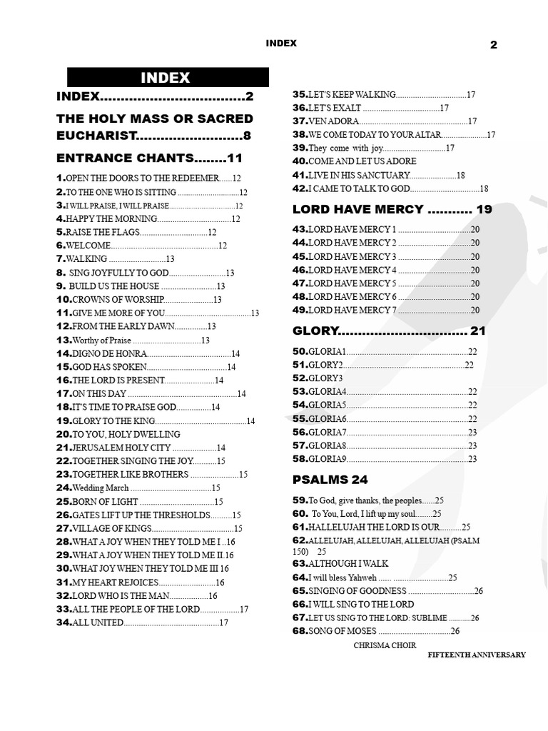 Sacred Mass Music Index Guide | PDF | Mass (Liturgy) | Eucharist