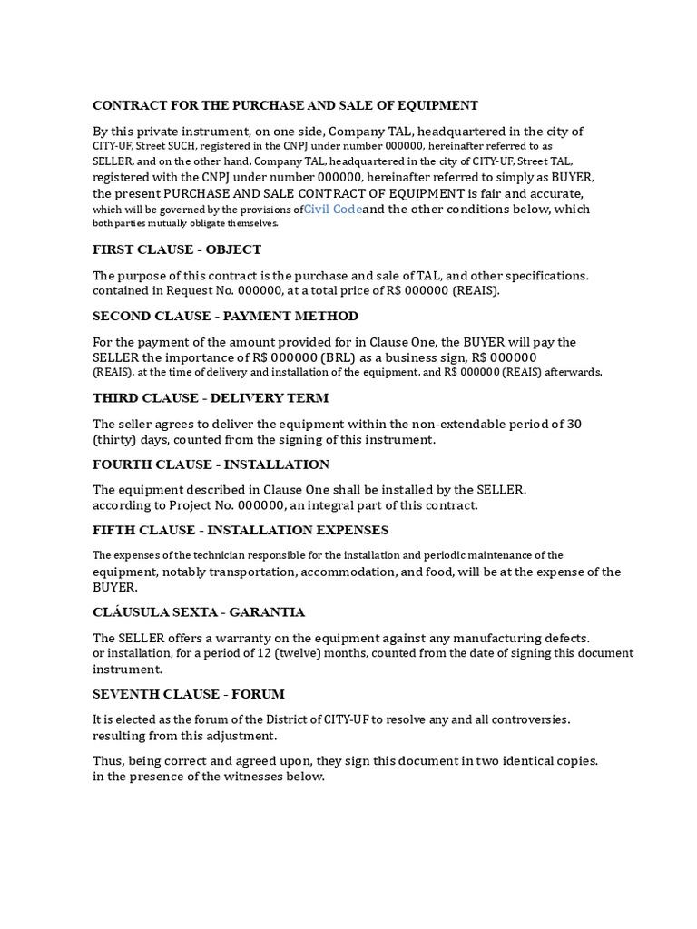 Model Purchase and Sale Contract For Equipment | PDF