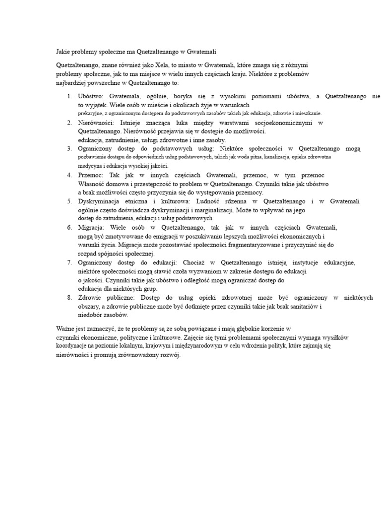 Jakie problemy społeczne ma Quetzaltenango? | PDF