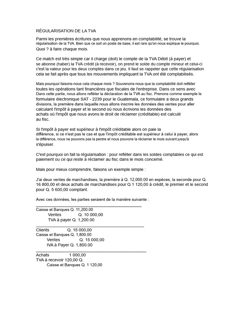 R gularisation Mensuelle De La TVA PDF Comptabilit Taxe Sur La 