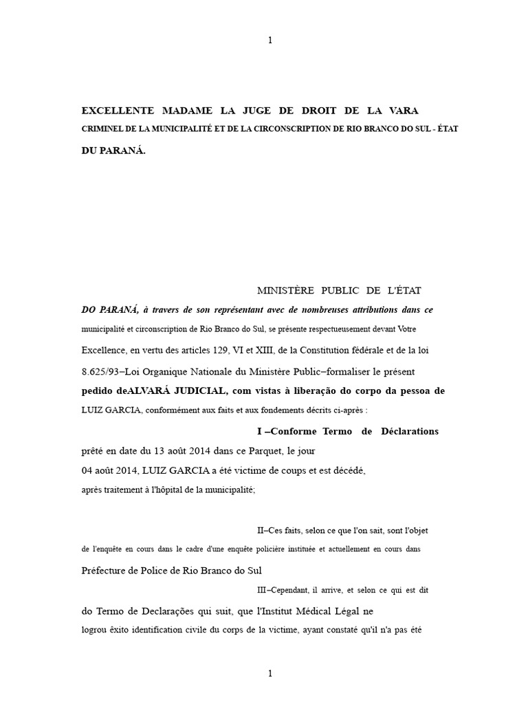 Demande d'alvará judiciaire pour Luiz Garcia | PDF | Justice | Crime et ...