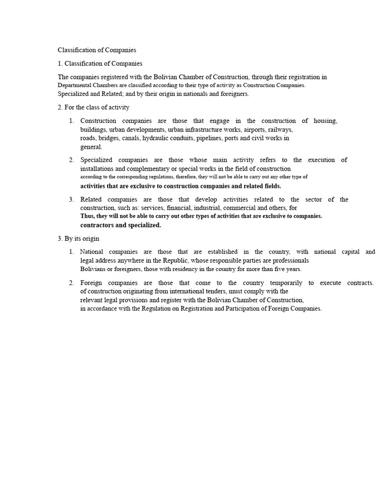 Classification of Construction Companies in Bolivia | PDF | Bolivia ...