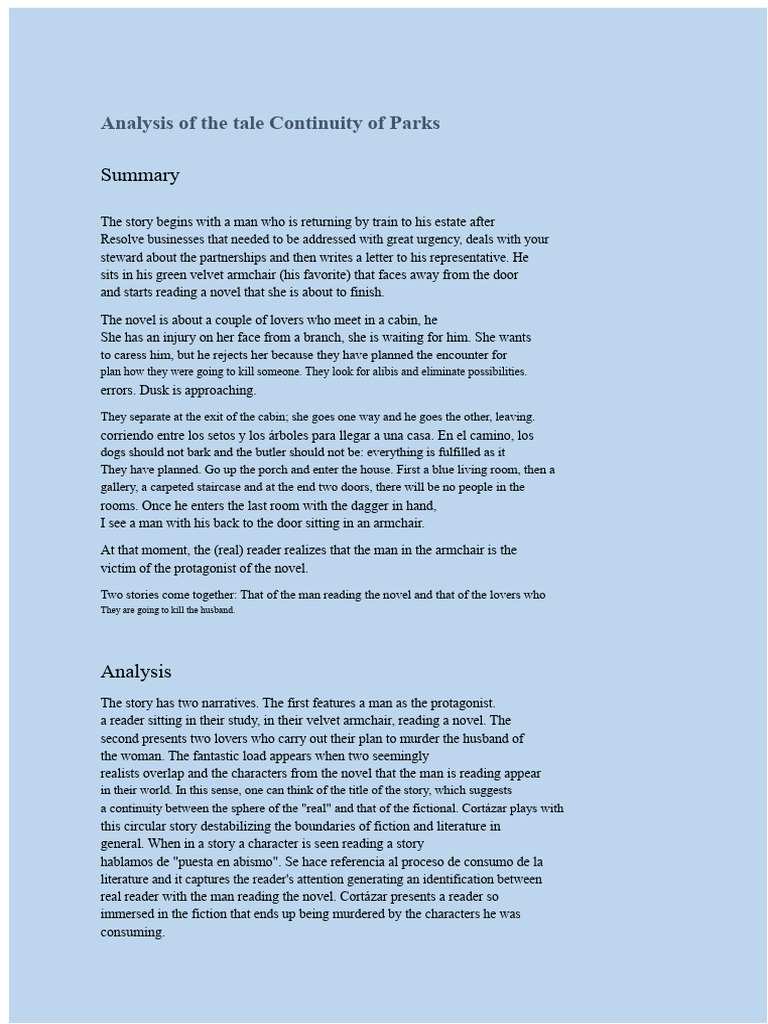 analysis of the story Continuity of the Parks | PDF | Novels
