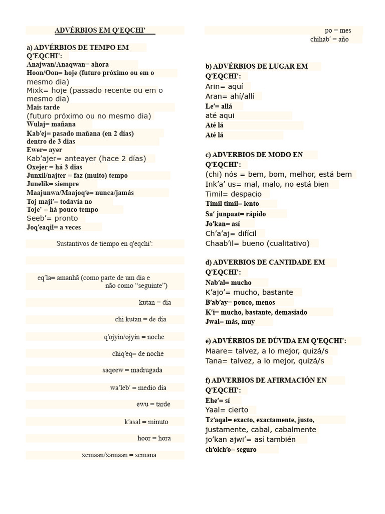 Advérbios em Q'eqchi': Tempo, Lugar e Modo | PDF