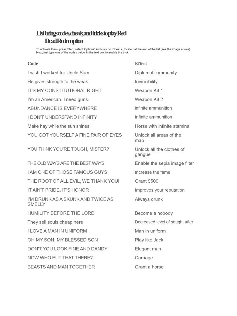 Red Dead Redemption Cheat Codes List | PDF