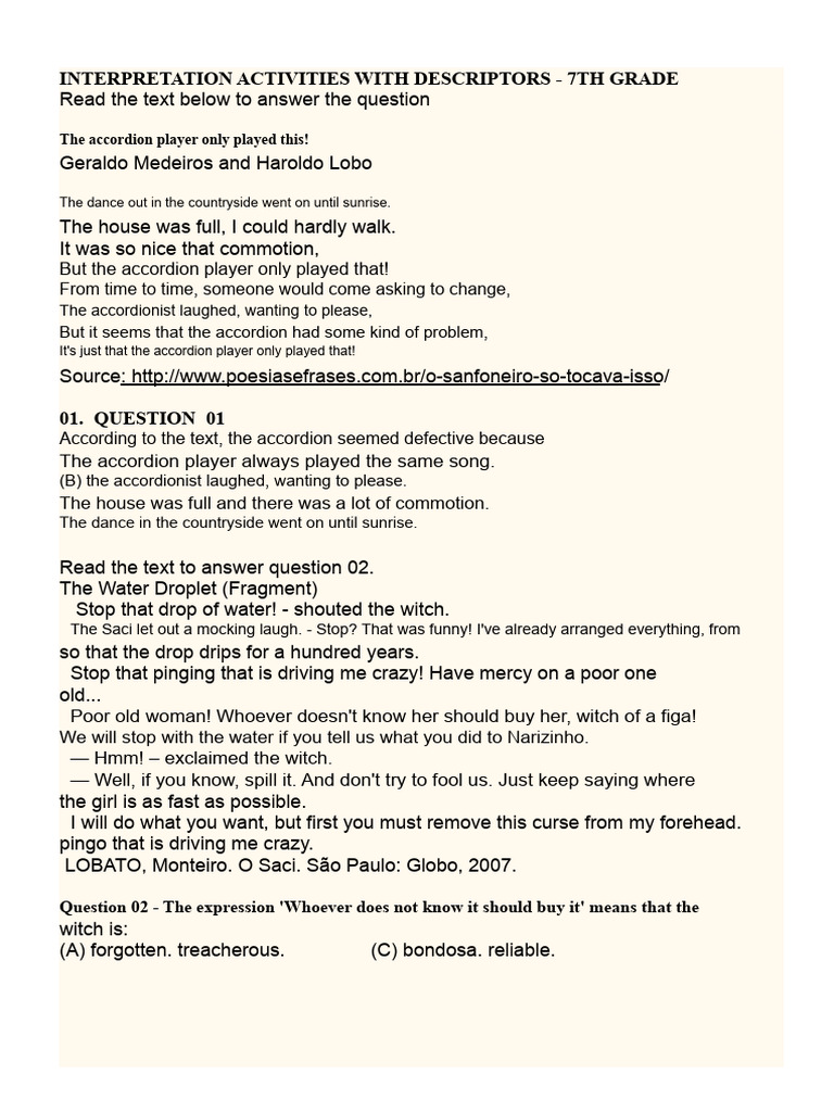 INTERPRETATION ACTIVITIES WITH DESCRIPTORS - 7th grade | PDF
