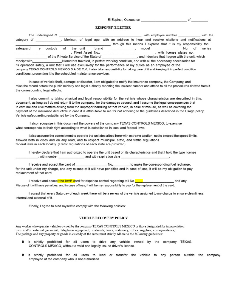 Vehicle Custody Agreement Template | PDF | Driving Under The Influence ...