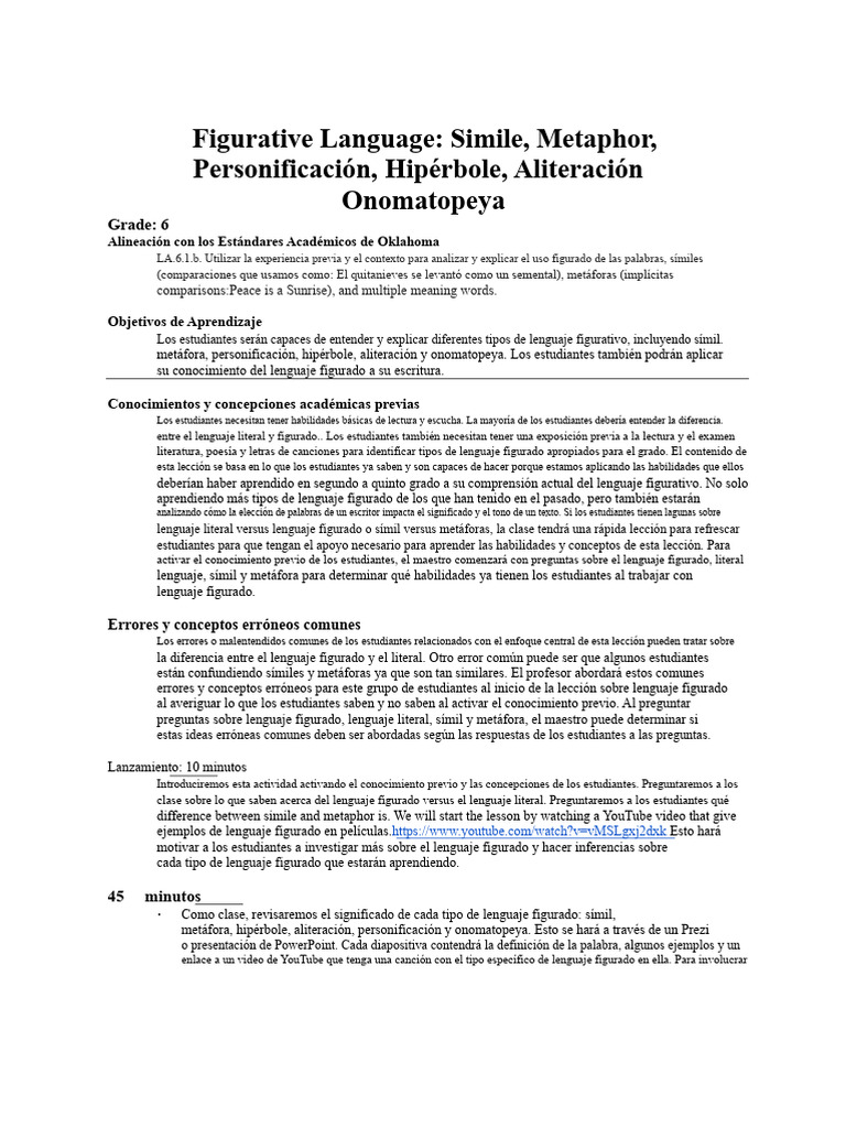 Lenguaje Figurativo para Sexto Grado | PDF | Maestros | Aprendizaje