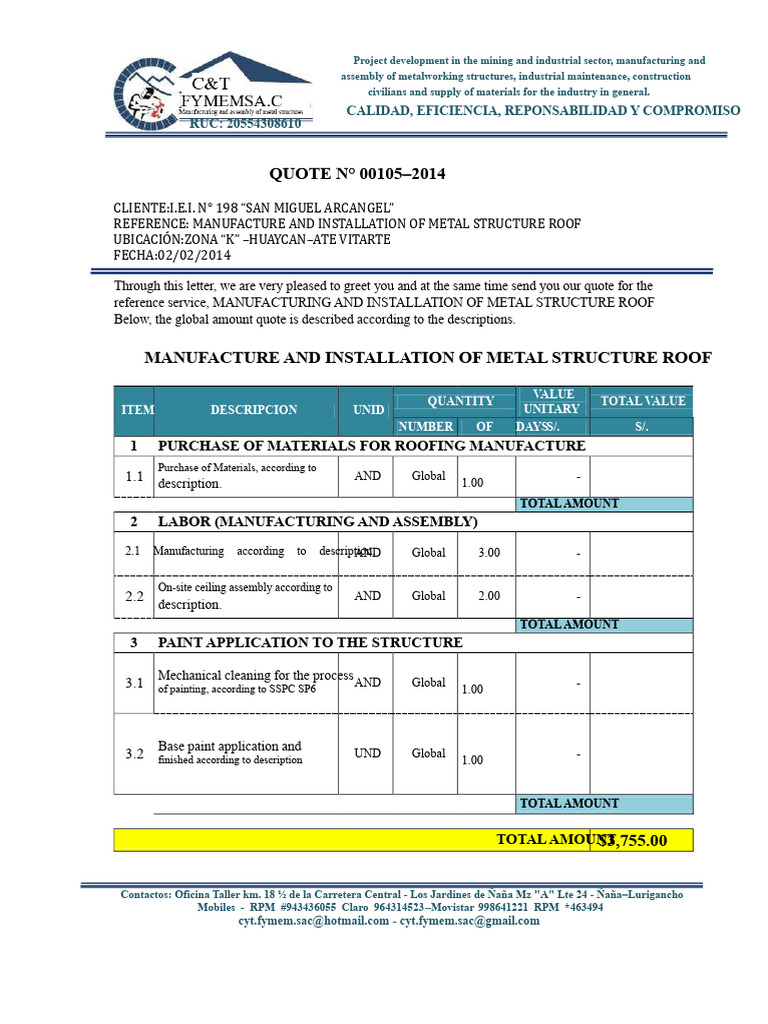 Metal Structure Roof Installation Quote | PDF | Mechanical Engineering ...