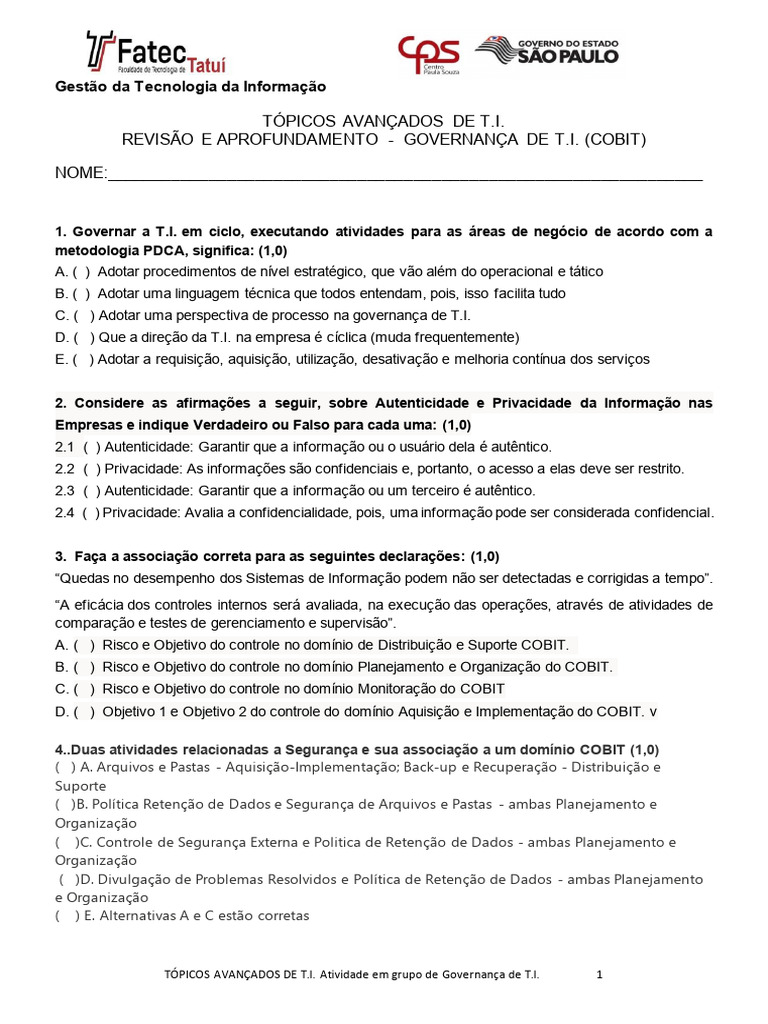 Governança de TI: Atividades e COBIT | PDF | Cobit | Tecnologia da ...