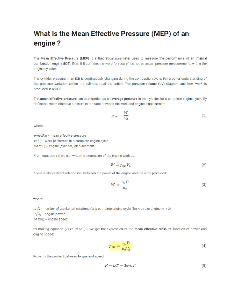 Calcul IMEP, BMEP et FMEP moteur 4 temps | PDF | Piston | Injection ...