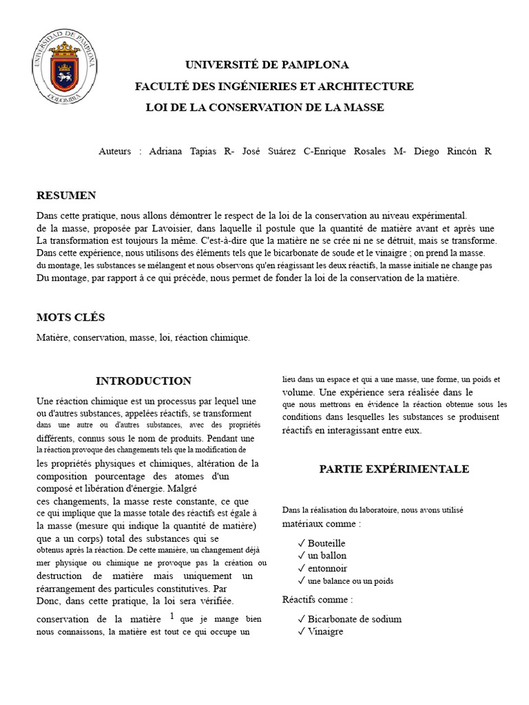 Loi de conservation de la masse en chimie | PDF | Masse | Acide acétique