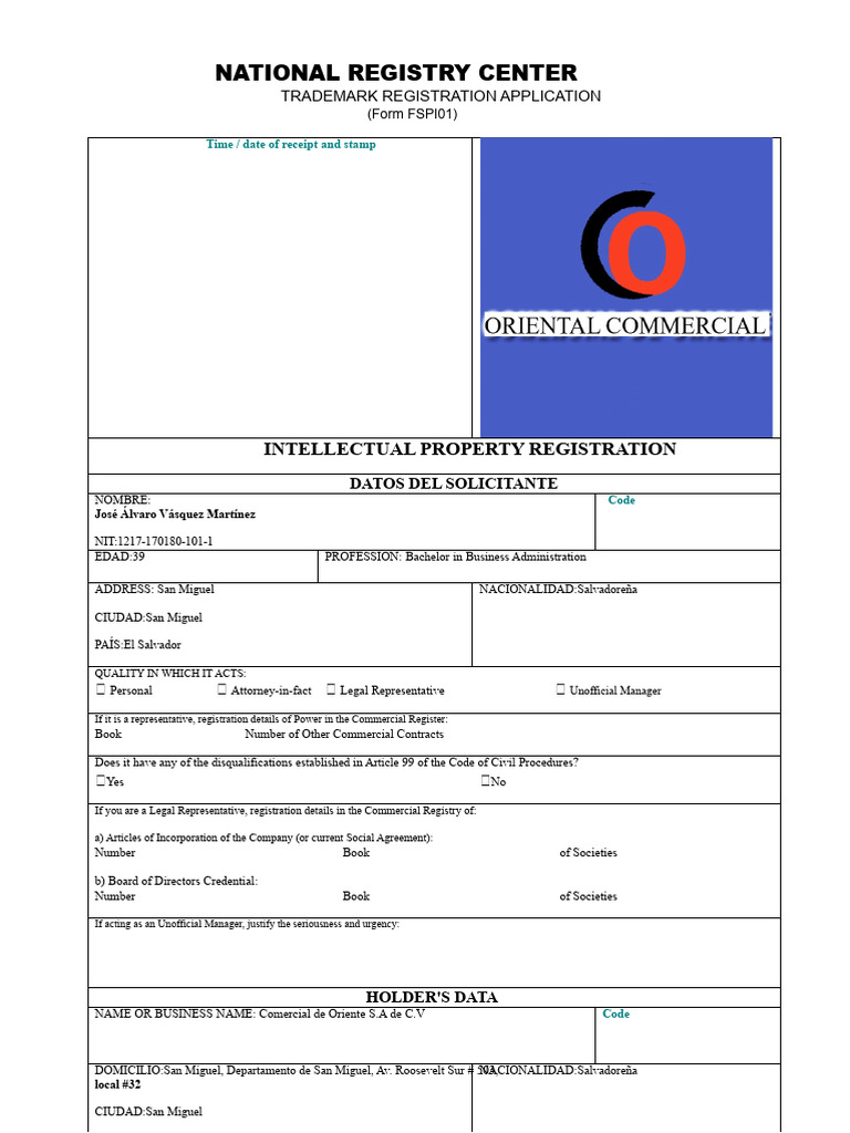 View of TRADEMARK REGISTRATION APPLICATION | PDF | Fax | Trademark