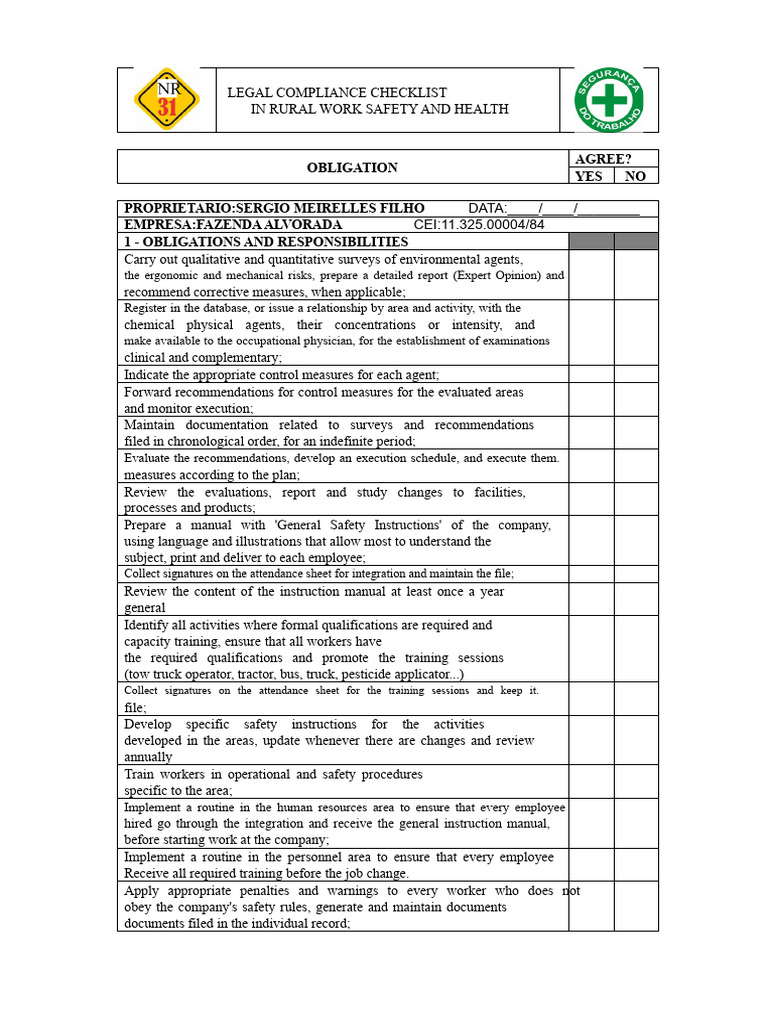 Checklist of NR 31 | PDF | Occupational Safety And Health | Personal ...