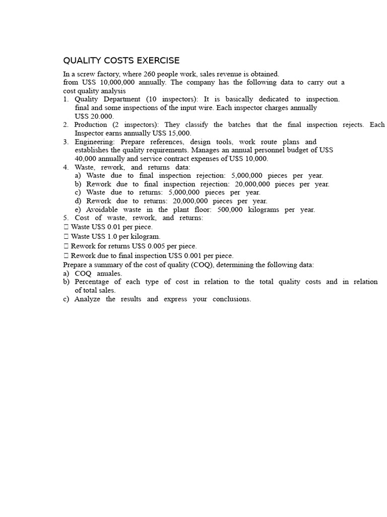 COST OF QUALITY EXERCISE | PDF