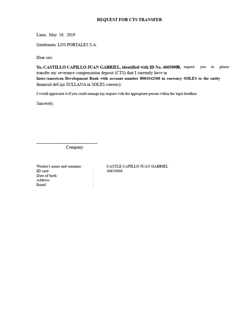 CTS Transfer Request Letter Template | PDF