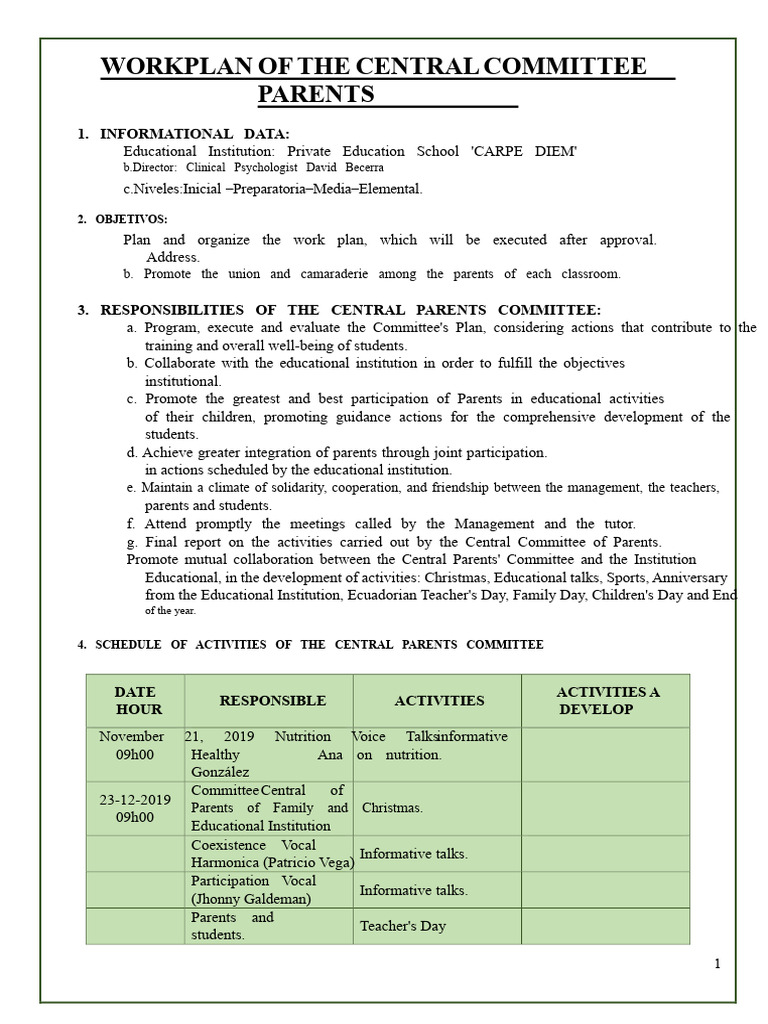 WORK PLAN OF THE PARENT COMMITTEE.docx | PDF | Learning