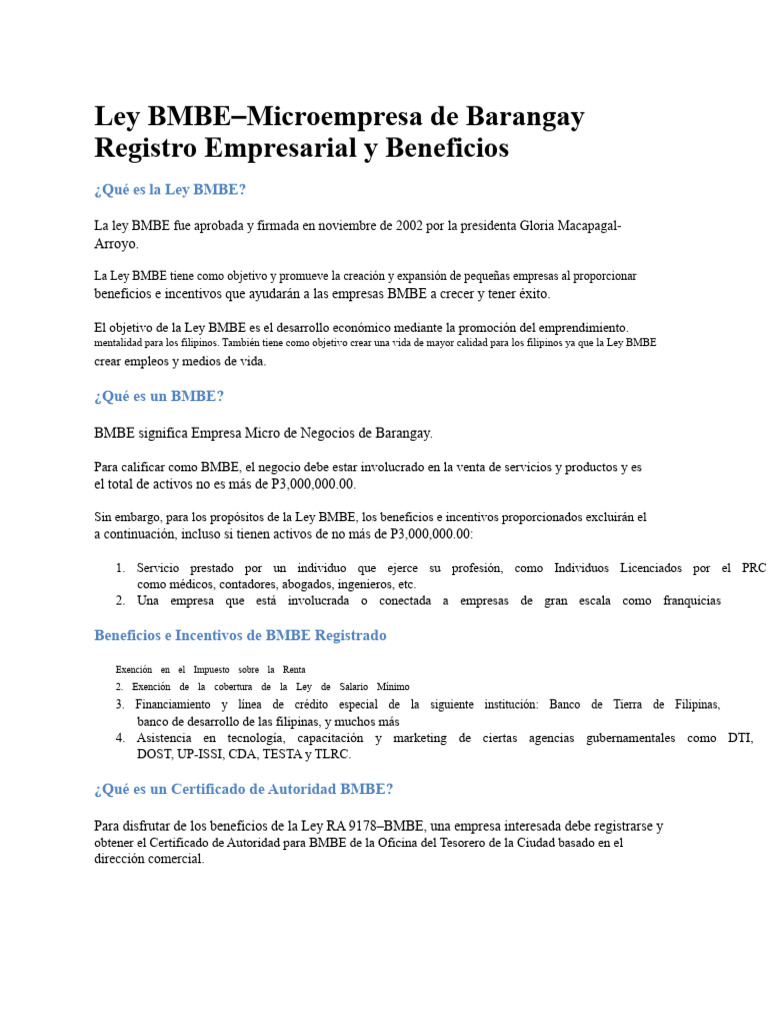 Ley BMBE: Registro y Beneficios para Microempresas | PDF | Business ...
